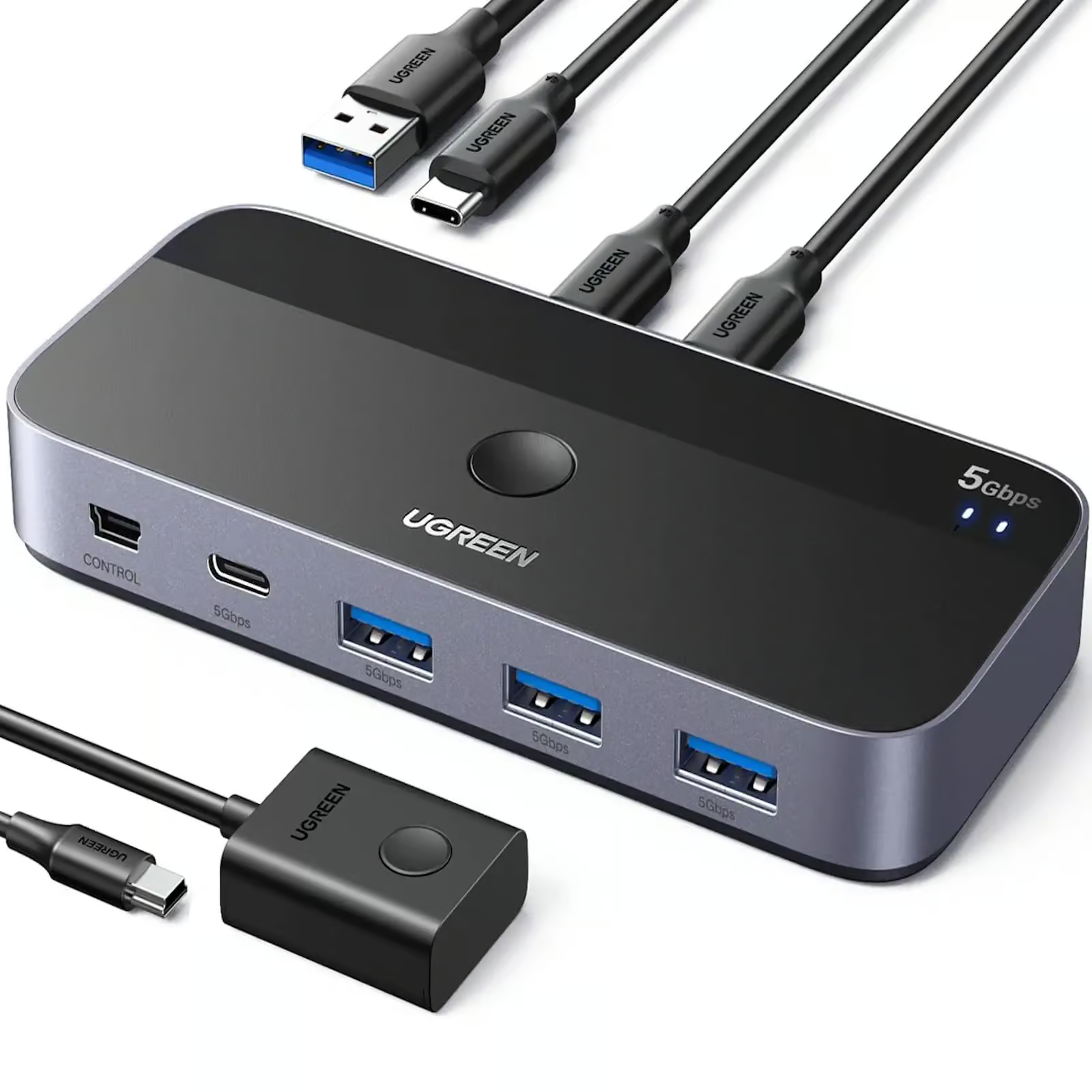 UGREEN 25098 USB-C Switch Selector 2-in-4-Out USB 3.0 Hub UGREEN 25098 USB 3.0 Sharing Switch 2 In 4 Out Input: 2XUSB-C;Output 3XUSB-A, 1XUSB-C - Image 1