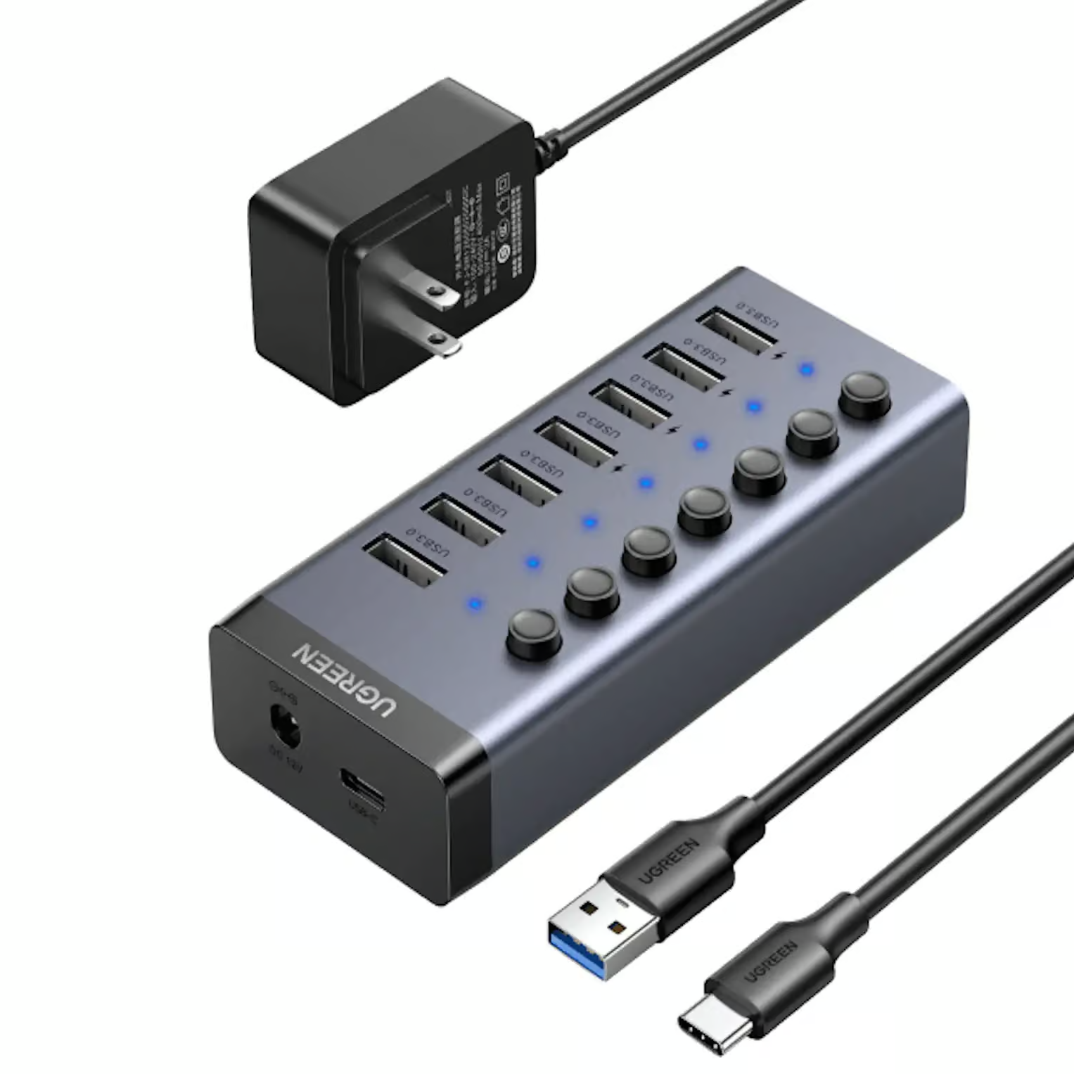 UGREEN 90307 7-Port USB 3.0 Hub with Smart Charging UGREEN 90307 USB-C to 7-Port USB-A 3.0 Hub DC 12V EU - Image 1