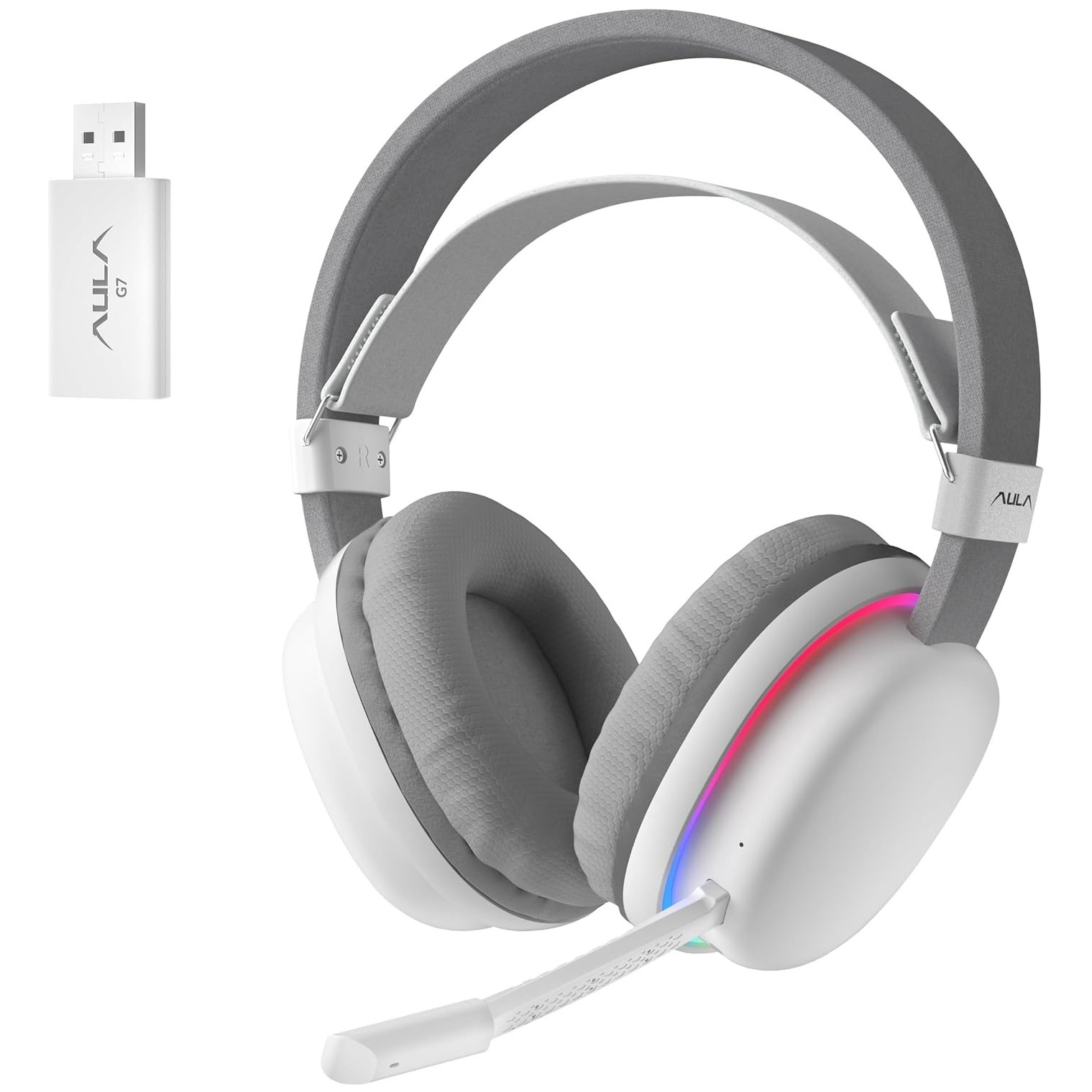 AULA G7 Wireless Gaming Headset in white AULA G7 Over-Ear PC Microphone Wireless Gaming Headset, Bluetooth / 2.4G / Wired Low-Latency ,USB 7.1 Sound Card White - Image 1