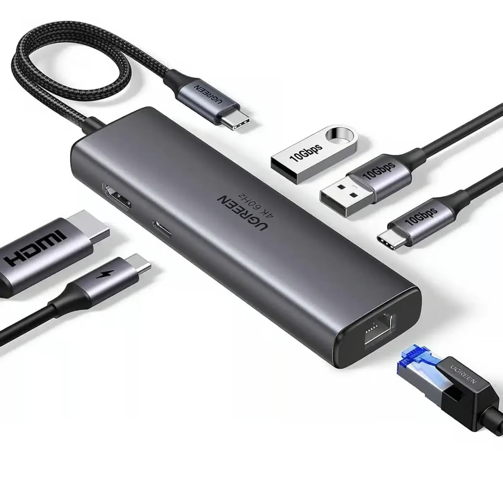 UGREEN-45000-6-in-1-USB-C-Hub-with-4K@60Hz-HDMI UGREEN 45000 USB-C To HDMI + 2*USB-A 3.2 + 1*USB 3.2 C + RJ45 + PD Power Converter USB-A&C 10Gbps & 4K@60Hz with PD 6 in 1 - Image 1