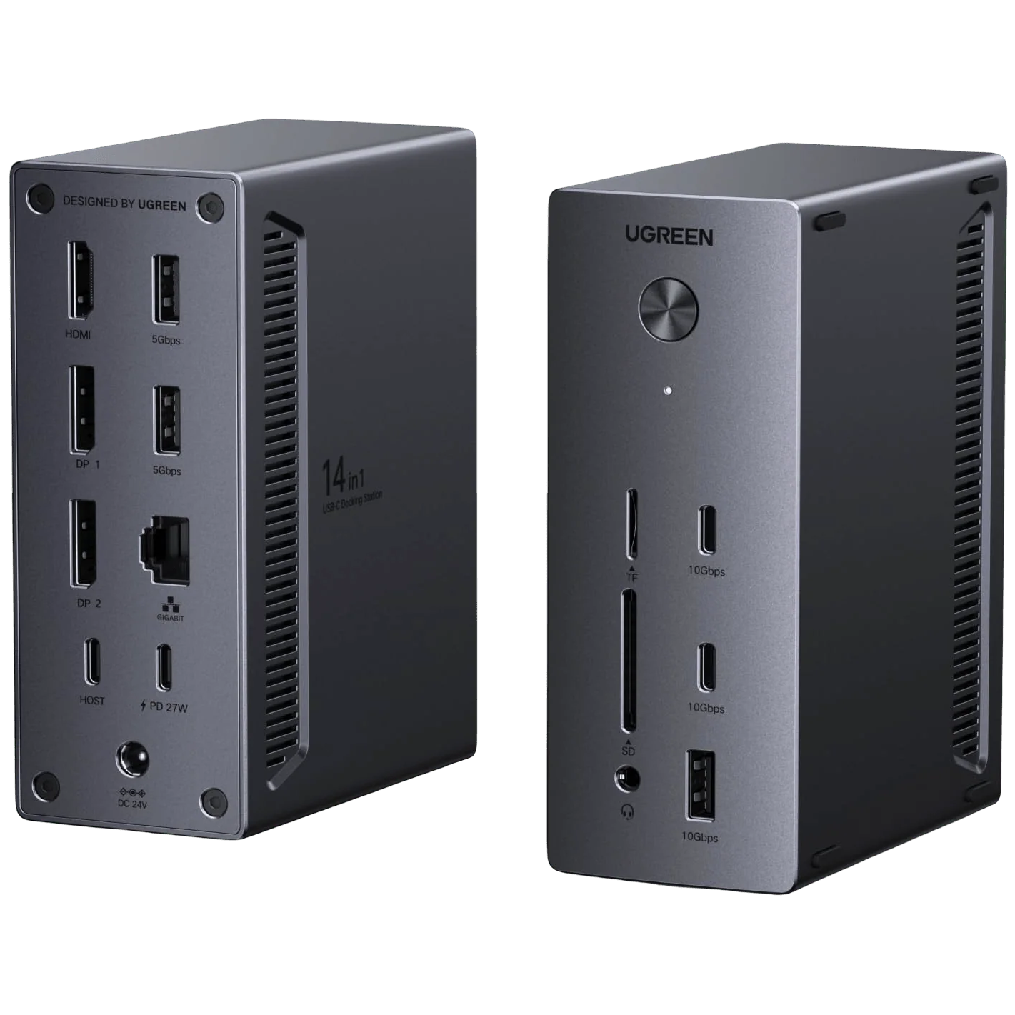 UGREEN 85489 Revodok Pro 14 -in-1 Docking Station UGREEN 85489 USB-C Docking Station - 2× DisplayPort, 1× HDMI, 2× USB-C 10Gbps, 2× USB-A 10Gbps, 1× USB-A 5Gbps, 1× RJ45 Gigabit Ethernet, 1× SD card slot, 1× TF (MicroSD) card slot, 1× 3.5mm audio port, 1× USb, and 1× USB-C 100W PD input. Supports Triple 4K displays (14-in-1) - Image 1