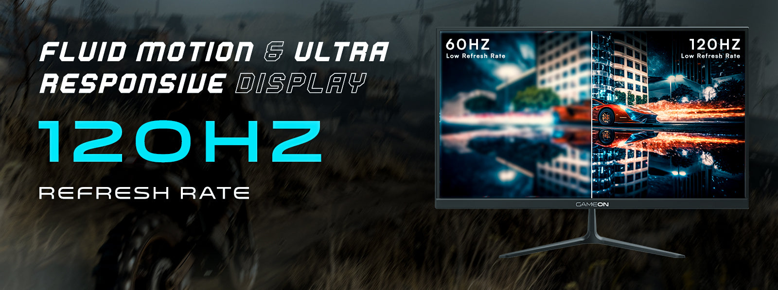GAMEON GOES22FHD120IPS manufacturer illustration comparing 60Hz and 120Hz motion