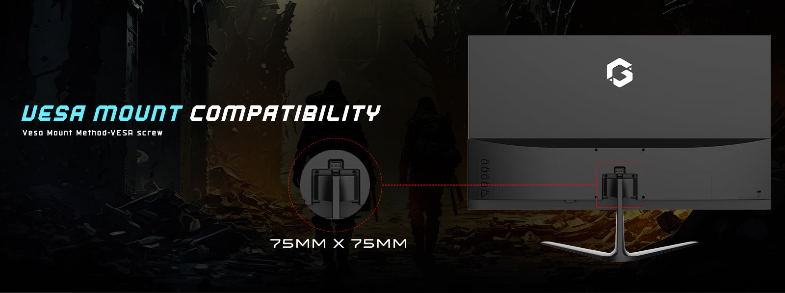 GAMEON GOES22FHD120IPS rear view illustrating 75 × 75 mm VESA mounting