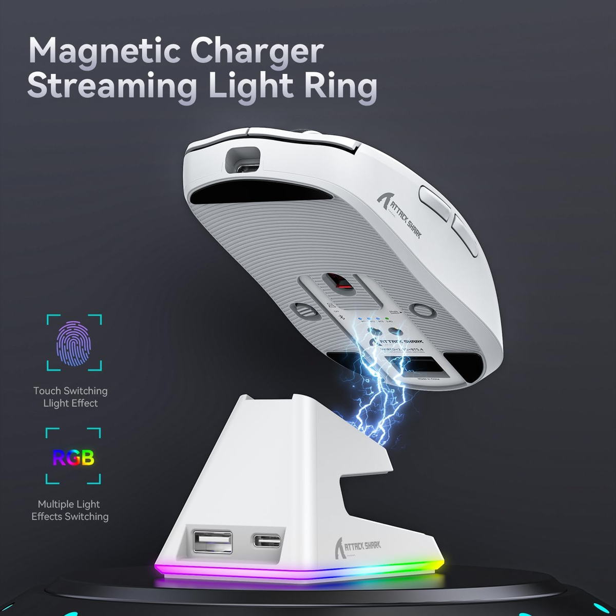 Attack Shark X6 White — Dock charging and lighting
