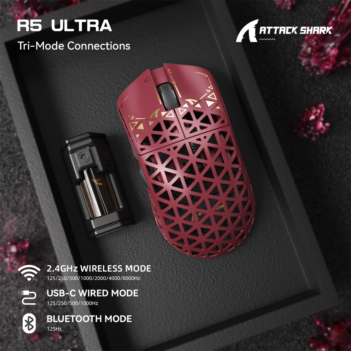 Attack Shark R5 ULTRA Red — A hollow composite exterior