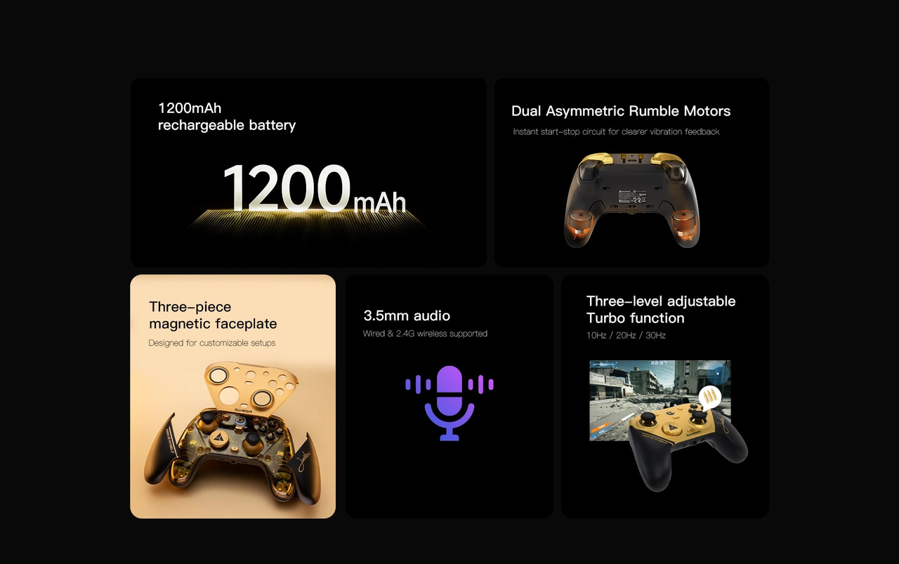 GameSir G7 Pro 8K PC Champion Edition — Battery, audio, grip motors and turbo illustration