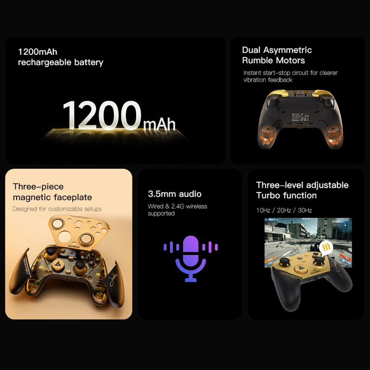GameSir G7 Pro 8K PC Champion Edition — Battery, audio, grip motors and turbo illustration