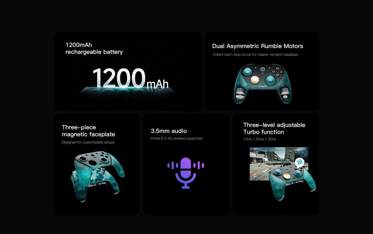 GameSir G7 Pro 8K PC Aimlabs Edition — Battery, grip motors, audio and turbo illustration