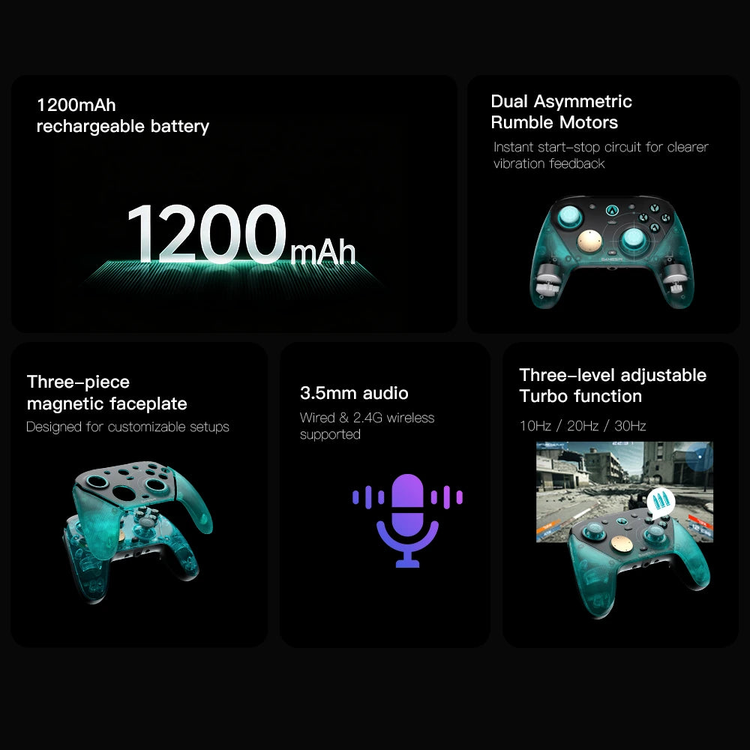 GameSir G7 Pro 8K PC Aimlabs Edition — Battery, grip motors, audio and turbo illustration