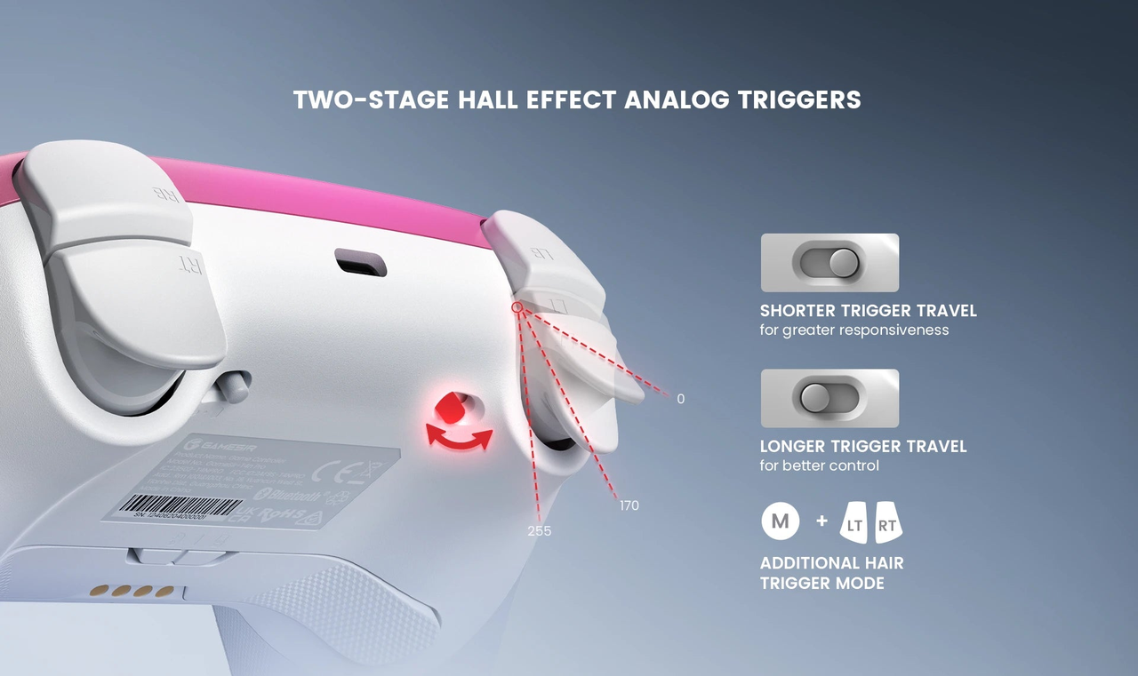 GameSir Super Nova — Super Nova Hall Effect triggers and travel stops illustration