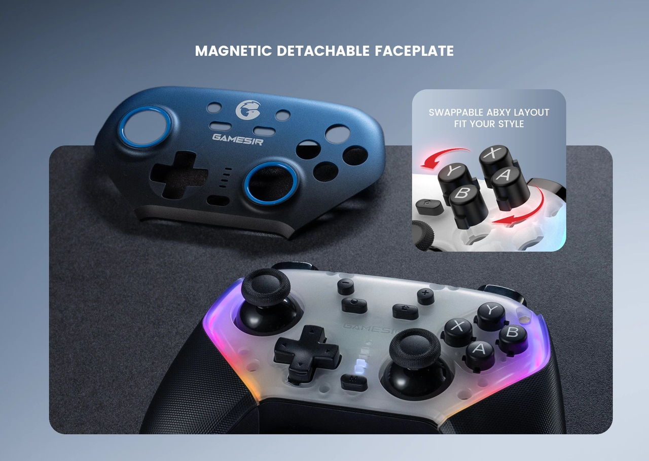 GameSir Super Nova — Super Nova magnetic faceplate and swappable ABXY caps illustration
