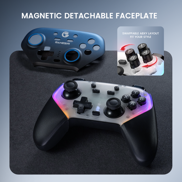 GameSir Super Nova — Super Nova magnetic faceplate and swappable ABXY caps illustration