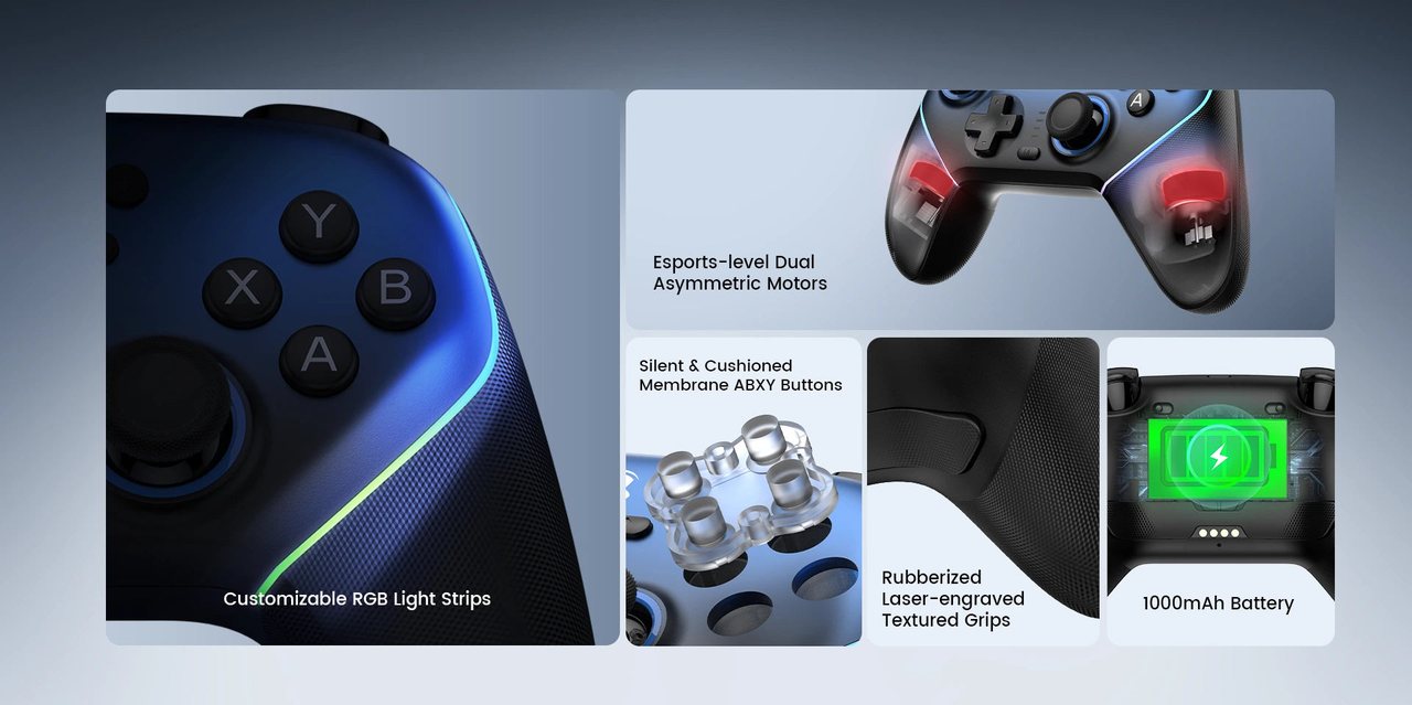 GameSir Super Nova — Super Nova membrane buttons, grip motors, textured grips and battery illustration