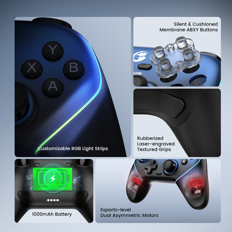 GameSir Super Nova — Super Nova membrane buttons, grip motors, textured grips and battery illustration